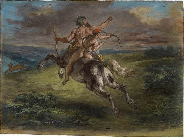 Pintura de Eugène Delacroix, en la que podemos ver a un joven Aquiles sobre los lomos del centauro Quirón.