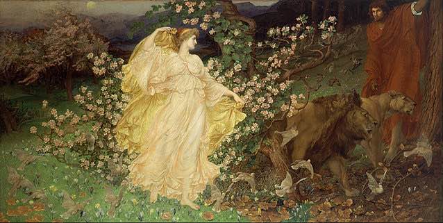 Venus y Anquises pintura de William Blake Richmond. En la que se nos muestra el encuentro nocturno de Venus y  el pastor troyano Anquises, fruto de esta unión nacio el héroe Eneas.