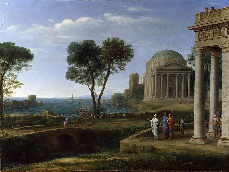 En esta pintura se puede ver a Eneas (de rojo) junto con Anquises (de azul) y su hijo en la isla de Delos. Vía Wikimedia Commons.