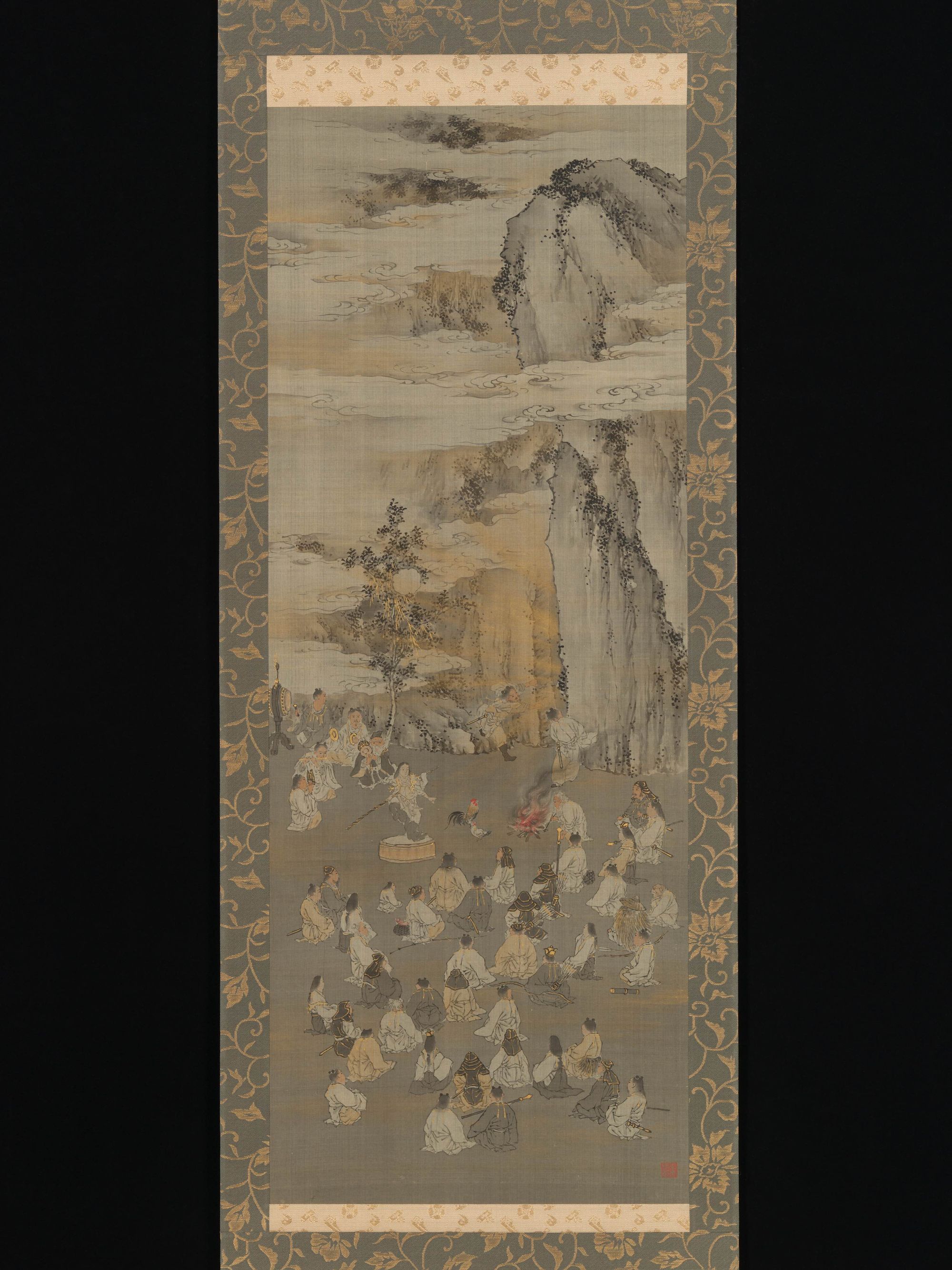 Atrayendo a la Diosa del Sol Amaterasu fuera de una cueva. Pintura de Koino Baire correspondiente al periodo Meiji.