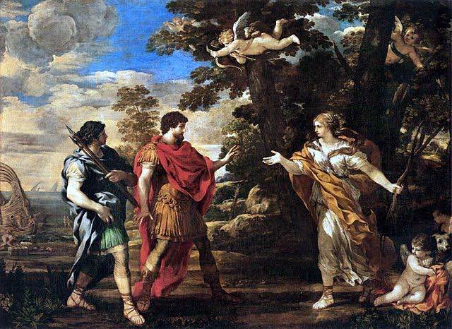 La diosa Venus, la madre de Eneas, se le apareció dos veces, la primera en medio de la Troya ardiente, para pedirle que se pusiera en camino. Más tarde, cuando los troyanos fueron arrastrados a la orilla cerca de Cartago después de la tormenta en el mar, Eneas y su amigo Acates se dispusieron a explorar. Venus apareció una vez más, esta vez con arco y carcaj, disfrazada de cazadora, para dirigirlos al palacio de Dido. Pietro da Cortona represento esta segunda aparición en esta pintura.