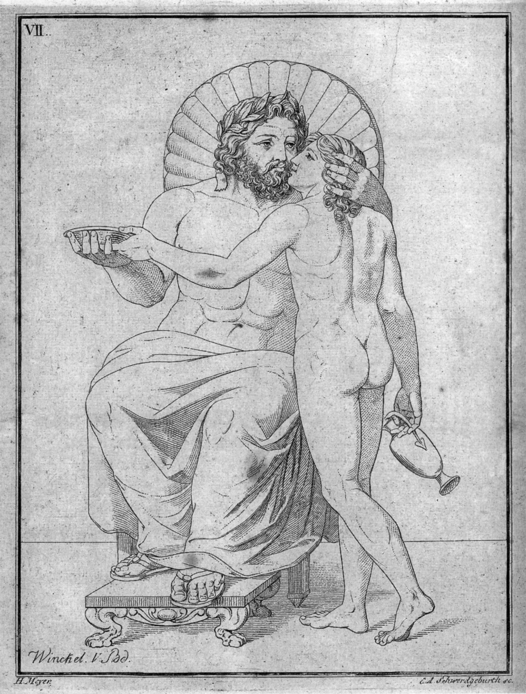 Ilustración hecha a partir de un grabado en cobre en la que se puede ver a Zeus acompañado de Ganimedes el copero de los dioses.