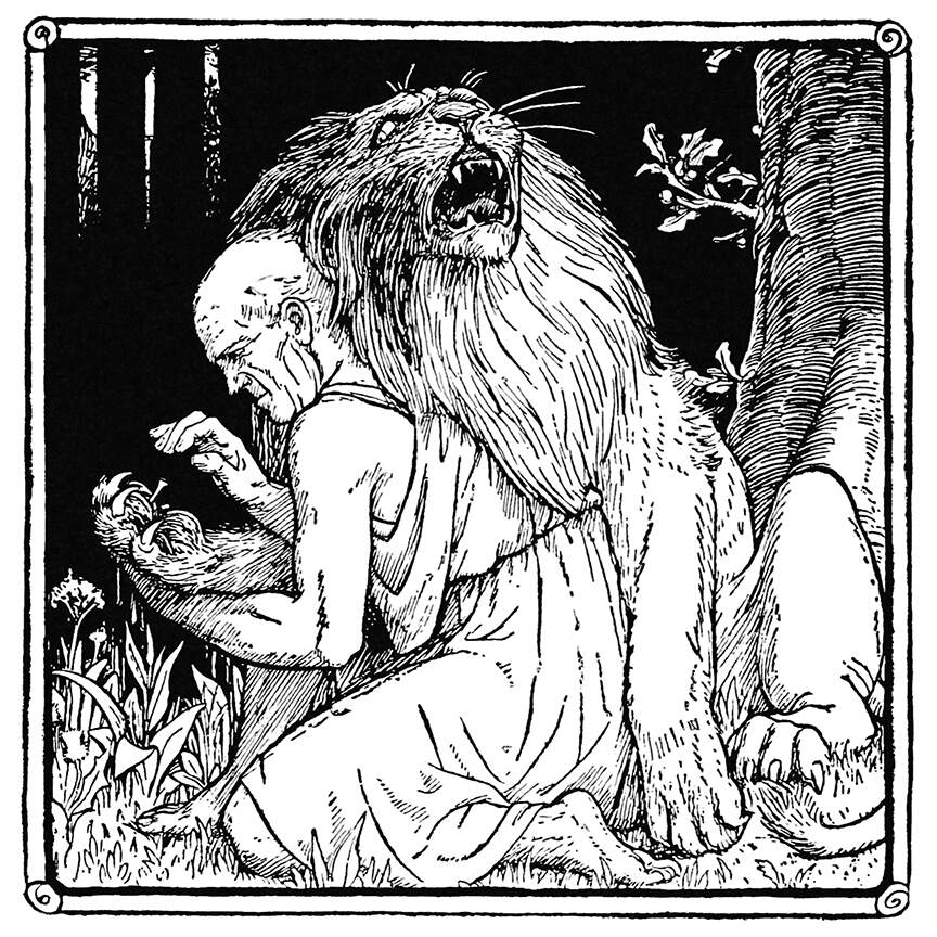 Ilustración de Androcles retirando al espina de la pata del leon, realizada por John Dickson Batten para el libro Europa's fairy book de Jacobs, Joseph
