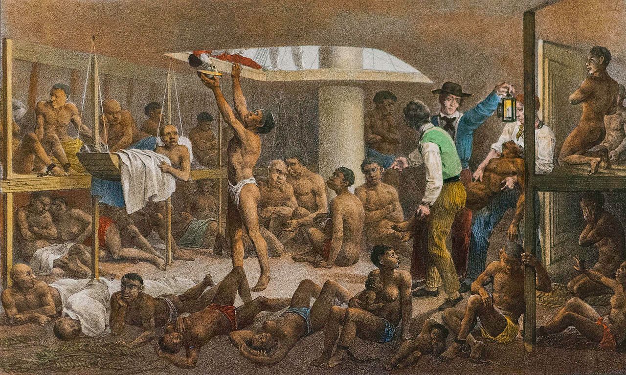 Pintura de Johann Moritz Rugendas que representa el interior de una navio negero, el comercio de esclavos permitió una amplia transmisión de diversos mitos y leyendas africanas en diversos países de las Américas, siendo uno de los casos más llamativos el de Haiti.
