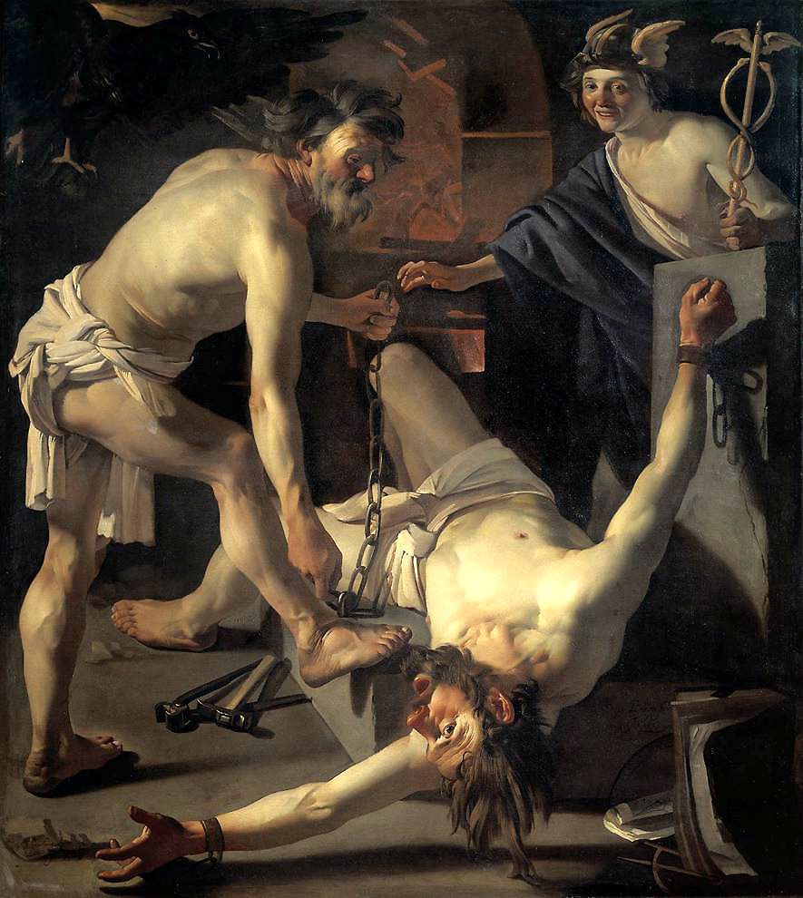 Prometeo encadenado por Vulcano. Pintura de Dirck van Barburen. Vía Wikimedia Commons.
