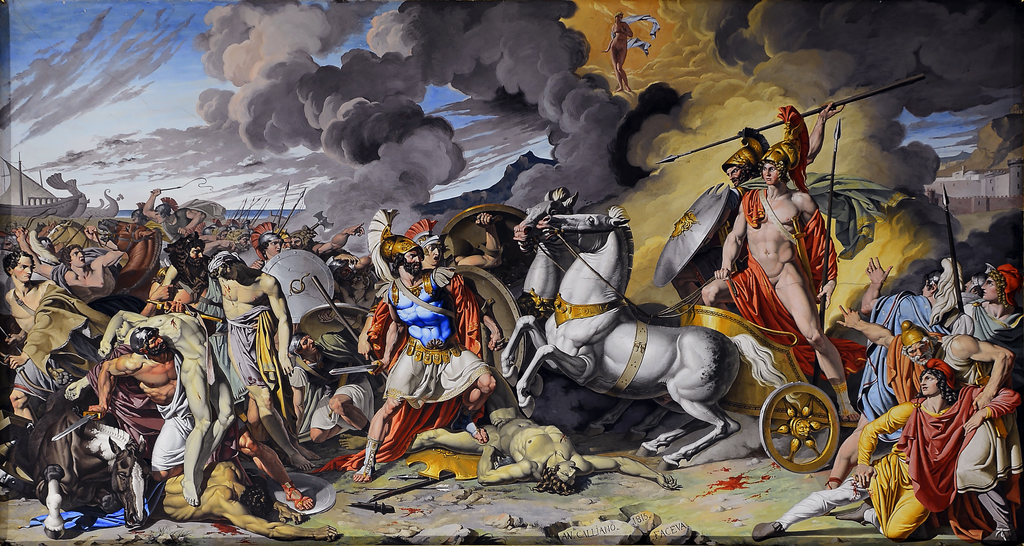 Cuadro de Antonio Raffaele Calliano, que retrata el momento en que Aquiles en su carroza, lleva el cuerpo de Hector asesinado, tras el héroe en su carro se puede observar al dios Ares, dios de la guerra violenta según los antiguos griegos.