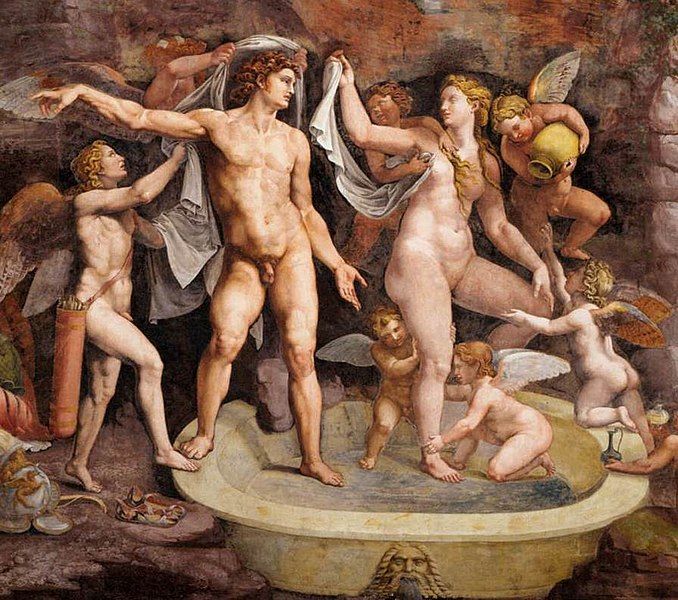 Venus y Marte (Ares y Afrodita) tomando un baño. Pintura de Giulio Romano. Vía Wikimedia Commons.
