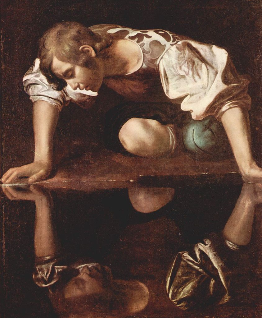 Narciso enamorado de su reflejo en un óleo atribuido a Caravaggio. Vía Wikimedia Commons