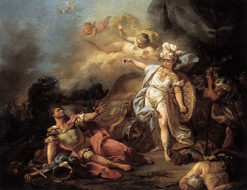 El combate de Ares y Atenea de Jacques Louis-David. Los griegos representaban a Ares como un dios violento, pero poco inteligente, por lo que en la batalla normalmente era derrotado por Atenea, la diosa de la sabiduría.