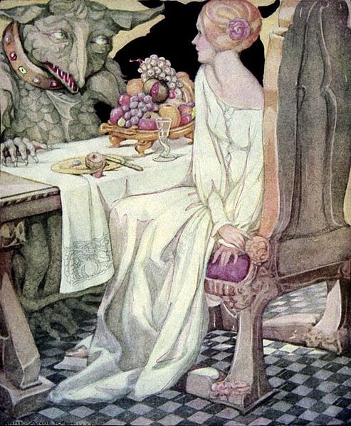 Bella y Bestia comiendo, en una pintura de Anne Anderson realizada para el libro Old Fairy Tales. Vía Wikimedia Commons.