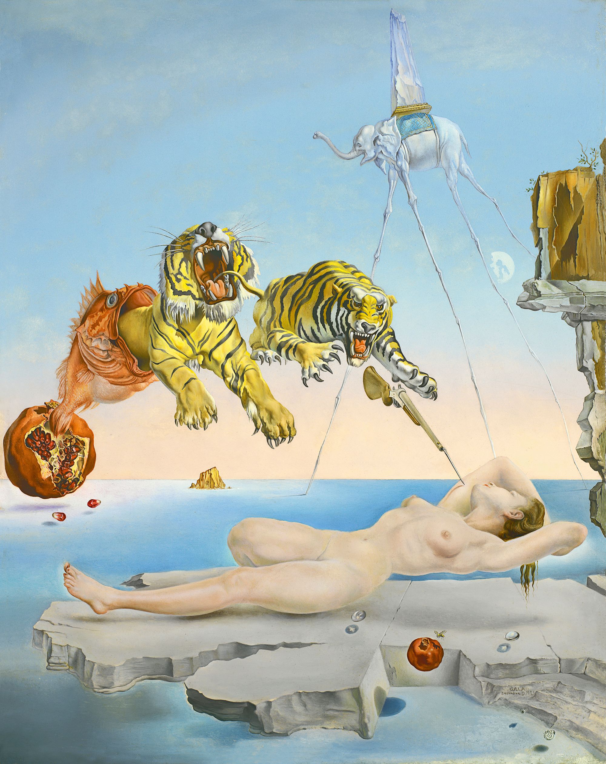 Esta pintura de Dalí titulada Sueño causado por el vuelo de una abeja alrededor de una granada un segundo antes de despertar, es un ejemplo del tipo de sueños surrealistas que según los griegos estaría producido por Fantasos. Vía Museo Thyssen. 
