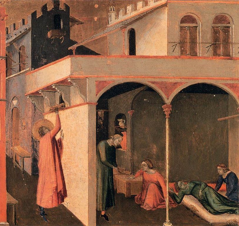 Pintura de Ambrosio Lorenzetti en la que se retratá la escena de San Nicolas tirando por la ventana la bolsa con monedas de oro.