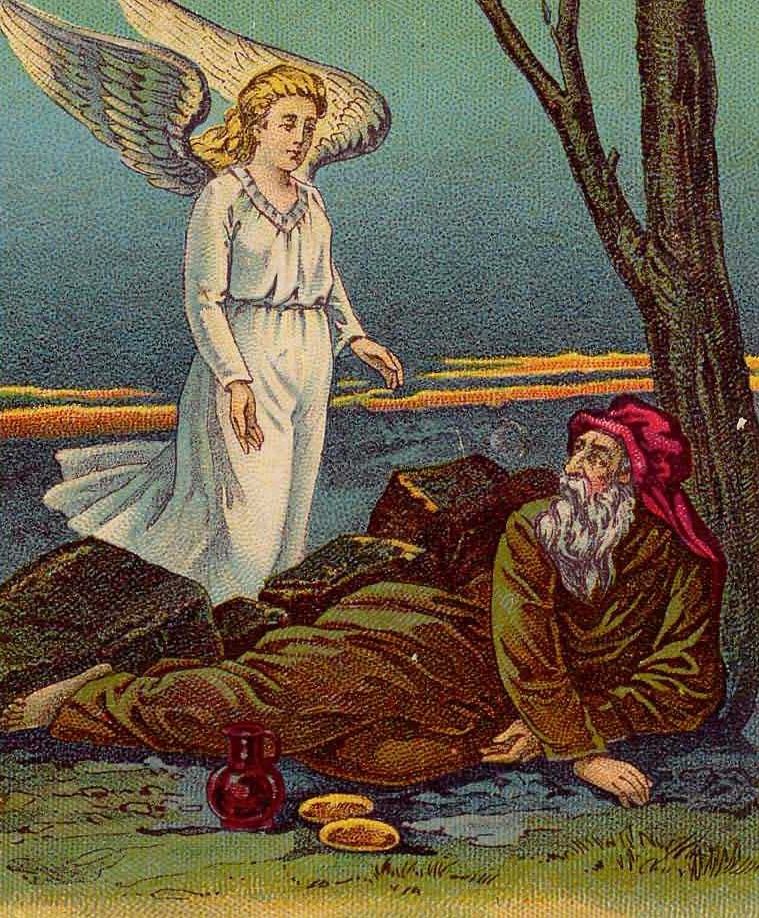 “Y acostándose bajo el enebro, se durmió; y he aquí, un ángel lo tocó y le dijo: Levántate, come.” Imagen de Elias y el ángel vía Wikimedia Commons