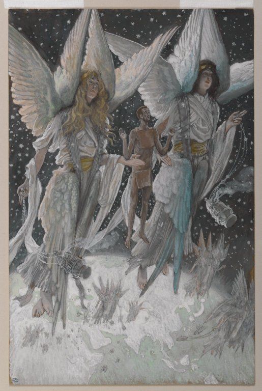 El alma del ladrone bueno de James Tissot. Tras la muerte del ladrón bueno, crucificado en el Gólgota, su alma es llevada al cielo, cumpliendo la promesa hecha por Jesús en la cruz. Con los ojos bien abiertos y maravillados, el buen ladrón flota hacia arriba, sostenido por ángeles de seis alas que llevan incensarios de perfume. Muy por debajo se ve claramente la tierra, sus continentes y mares.