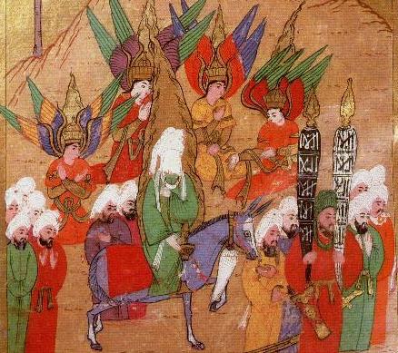 Mahoma en una peregrinación a la Meca, rodeado de los arcángeles Miguel, Gabriel, Rafael y Azrael.