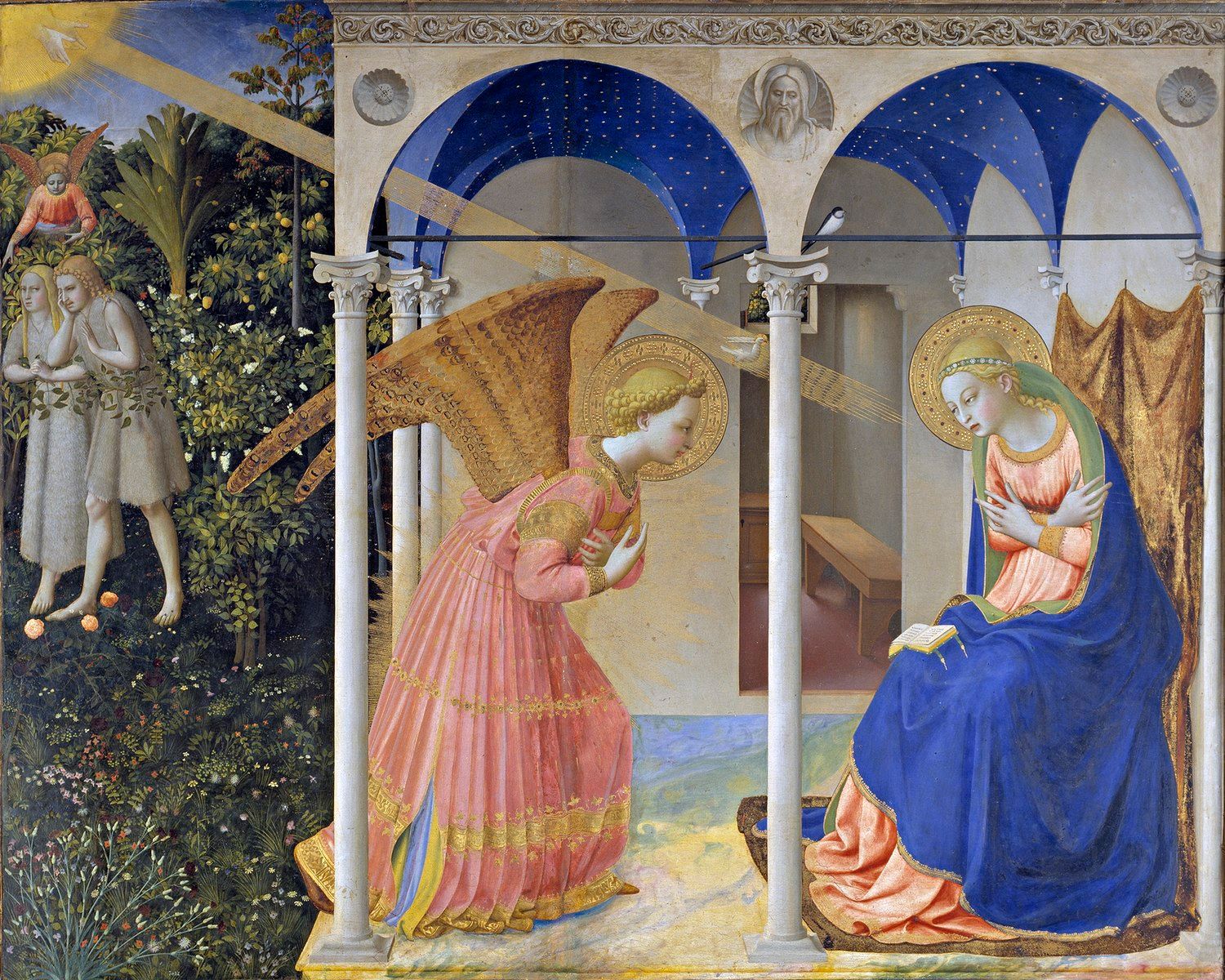 La Anunciación de Fra Angelico. Es considerada una de las obras maestras de su autor, en la pintura se puede ver el ciclo de la pérdida (Adan y Eva expulsados del Edén) y la salvación del hombre (La Anunciación de María)