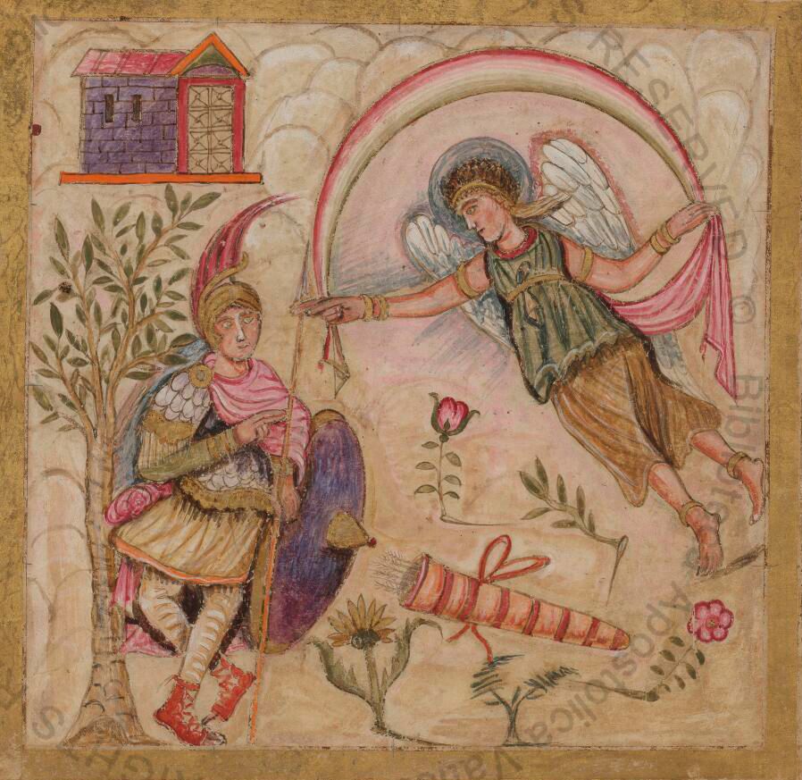 Imagen del Vergilius Romanus en el que se observa a la diosa Afrodita, apareciendo a su hijo Eneas. El documento completo constituye un manuscrito ilustrado de las obras de Virgilio y está disponible en la Biblioteca Apostólica del Vaticano.