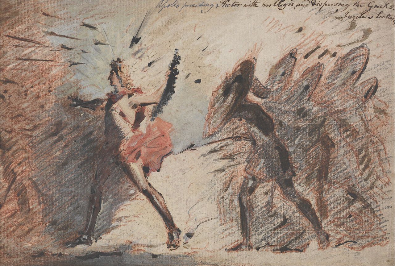 Pintura de John Flaxman en la que se muestra a Apolo delante del ejército troyano, protegiéndolo de los ataques griegos.