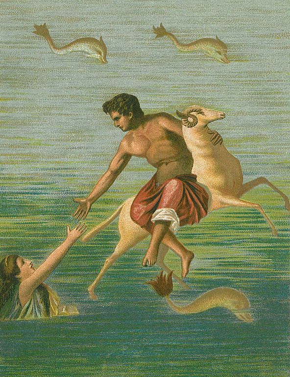 Frixo y Helé en un fresco Romano encontrado en la ciudad de Pompeya, en la imagen se muestra el instante en que Hele cae del Vellocino de Oro en el estrecho de Helesponto.