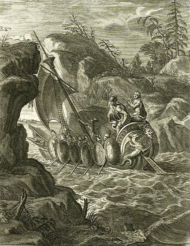 Pintura de Bernard Picart en la que se retrata el paso de los argonautas a través de las Simplégades.