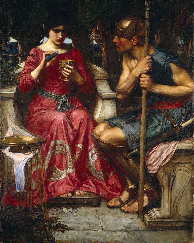 Medea entregando un ungüento mágico a Jasón para cumplir con la misión que se la había encomendado pintura de John William Waterhouse.