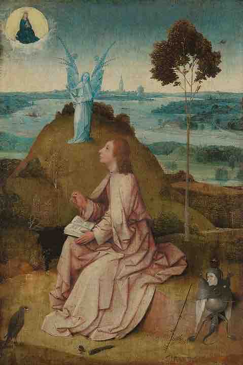 San Juan escribe el Apocalipsis de Jeronimo Bosch. De <a href="https://en.wikipedia.org/wiki/es:El_Bosco" class="extiw" title="w:es:El Bosco">Jerónimo Bosch</a> - <a rel="nofollow" class="external text" href="https://web.archive.org/web/20160309172951/http://www.hetnoordbrabantsmuseum.nl/english/press-jheronimus-bosch/persbeelden-eng/">hetnoordbrabantsmuseum.nl</a> Photo Rik Klein Gotink and image processing Robert G. Erdmann for the Bosch Research and Conservation Project.Previously: The Yorck Project (<span style="white-space:nowrap">2002</span>) 10.000 Meisterwerke der Malerei (DVD-ROM), distributed by <a href="//commons.wikimedia.org/wiki/Commons:10,000_paintings_from_Directmedia" title="Commons:10,000 paintings from Directmedia">DIRECTMEDIA</a> Publishing GmbH. <a href="https://es.wikipedia.org/wiki/ISBN" class="extiw" title="es:ISBN">ISBN</a>: <a href="//commons.wikimedia.org/wiki/Special:BookSources/3936122202" title="Special:BookSources/3936122202">3936122202</a>., Dominio público, <a href="https://commons.wikimedia.org/w/index.php?curid=46959442">Enlace</a>