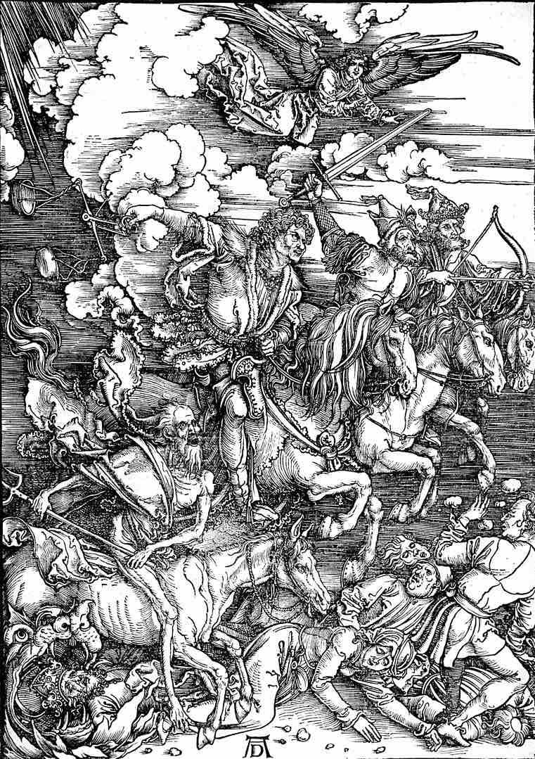 Los cuatro jinetes del Apocalipsis de Alberto Durero. De <a href="https://en.wikipedia.org/wiki/es:Alberto_Durero" class="extiw" title="w:es:Alberto Durero">Alberto Durero</a> - <a rel="nofollow" class="external free" href="http://www.wga.hu/html/d/durer/2/12/2apocaly/index.html">http://www.wga.hu/html/d/durer/2/12/2apocaly/index.html</a>, Dominio público, <a href="https://commons.wikimedia.org/w/index.php?curid=95226">Enlace</a>