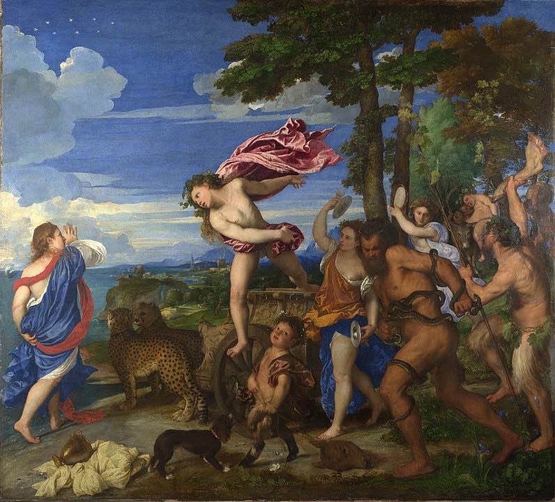 Baco y Ariadna de Tiziano. En esta se puede ver a Ariadna tras ser abandonada por Teseo, su barco se ve a lo lejos, siendo abordada por Baco, que queda enamorado de la mujer, a la que regalo la constelación Corona Borealis, que se puede ver posa sobre la cabeza de Ariadna.