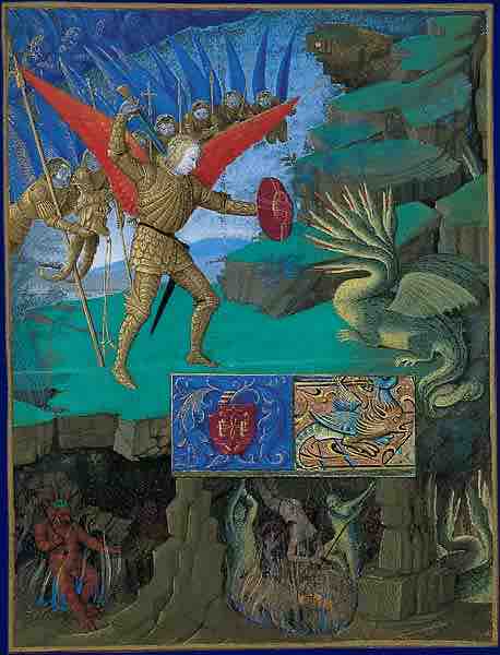 San Miguel combatiendo al Dragón, de Jean Fouquet. De <a href="https://en.wikipedia.org/wiki/es:Jean_Fouquet" class="extiw" title="w:es:Jean Fouquet">Jean Fouquet</a> - <a rel="nofollow" class="external text" href="http://expositions.bnf.fr/fouquet/grand/f120.htm">expositions.bnf.fr</a>, Dominio público, <a href="https://commons.wikimedia.org/w/index.php?curid=208343">Enlace</a>