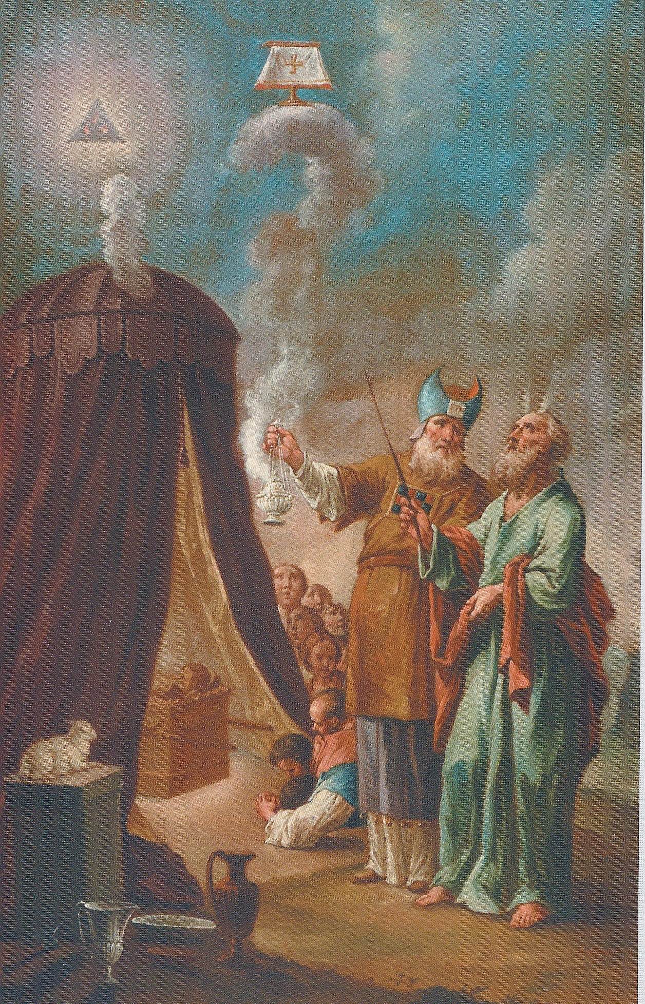Tabernaculo con el Arca en su interior, se puede ver a Moises y Aaron fuera del mismo. Pintura de Leopold Layer.