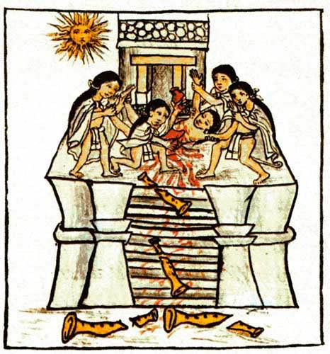 Sacrificio humano a Tezcatlipoca Huitzilopochtli presente en el Códice Florentino De Bernardino de Sahagún - Florentine Codex Vol.1 book 2 f.30r, Dominio público, <a href="https://commons.wikimedia.org/w/index.php?curid=39897338">Enlace</a>