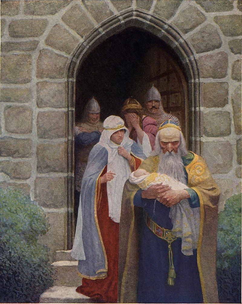 El Rey Uther e Ygraine entregan a Artur recién nacido al mago Merlín. Pintura de NC Wyeth.
