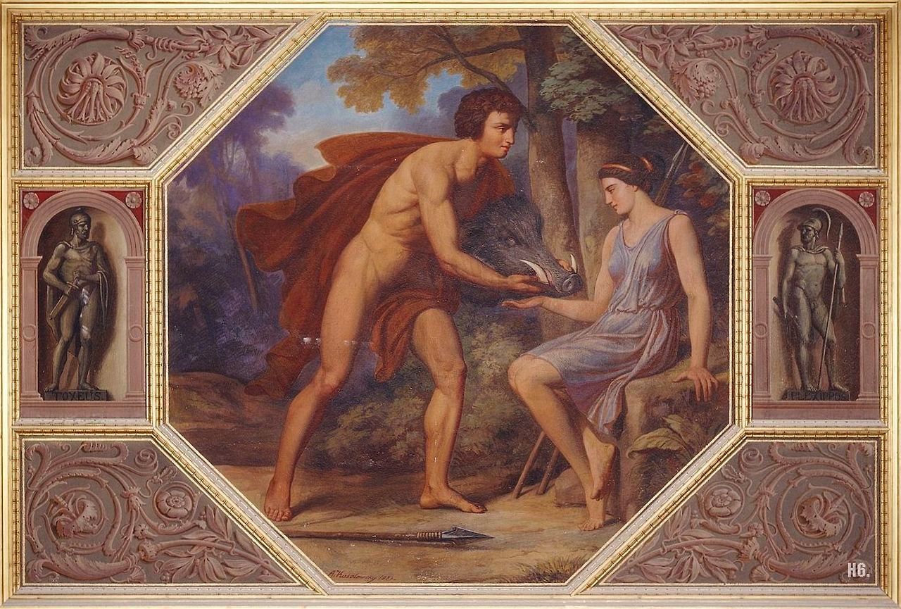 Meleagro entrega a Atalanta la cabeza del jabalí de Caledonia, como premio tras su caceria, algo que provocaría la muerte del pirncipe, debido a que su tío no estaba de acuerdo con que una mujer recibiera el premio.