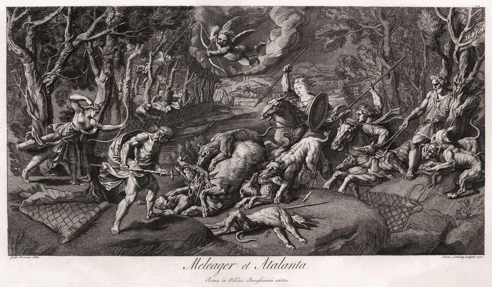 Meleagro y Atalanta czando al jabalí de Caledonia, se puede ver que la unica mujer que participa en la lid es Atalanta.