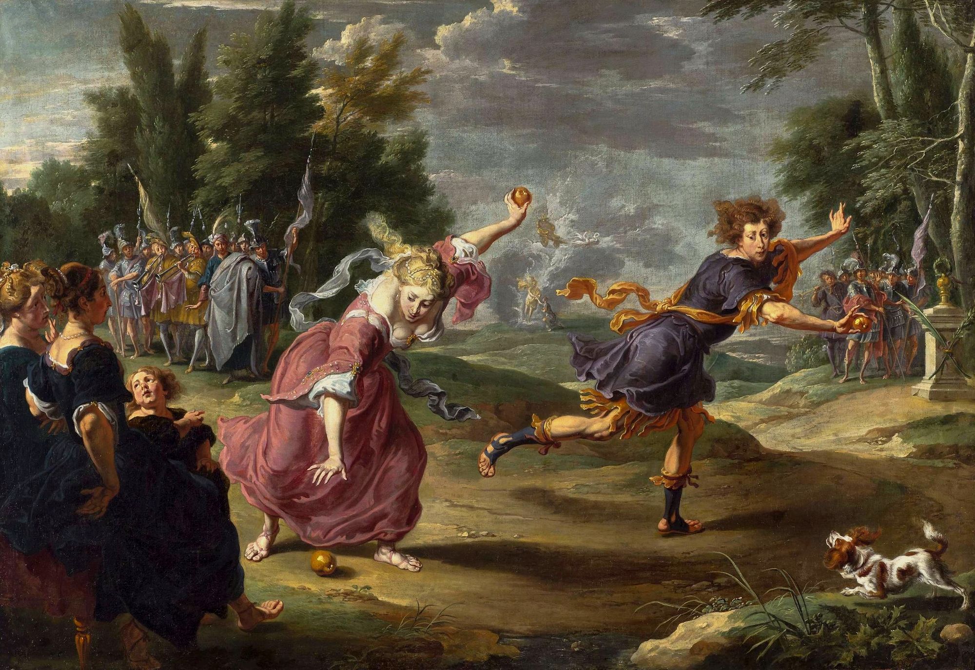 Atalanta compitiendo contra Hipómenes, mientras este deja caer las manzanas de oro que Afrodita la diosa del amor le había entregado para poder conseguir el objetivo de ganar en la carrera contra la veloz mujer. Pintura de Willem Van Herp.