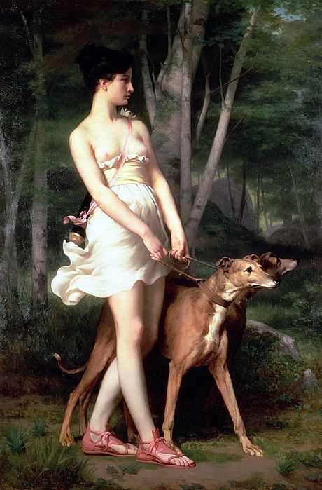 Diana (Artemisa) representada con perros de caza, en una pintura de Gaston Casimir Sant-Pierre