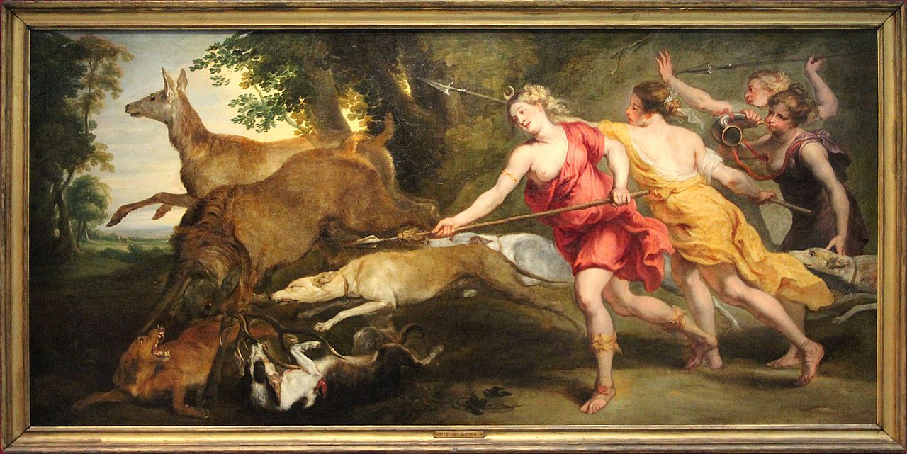 Diana cazando con sus ninfas en una pintura de Peter Paul Rubens.