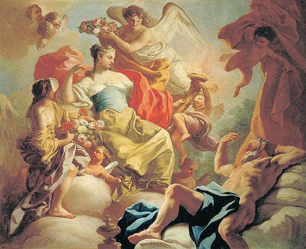 Aurora la diosa del amanecer y Titono el principe troyano, la diosa terminaria casandose con el príncipe. Pintura de Francesco de Mura.