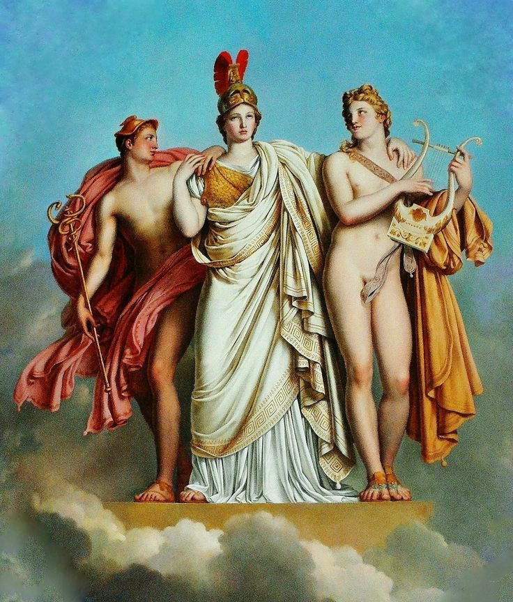 Minerva entre Apolo y Mercurio pintura de Anne-Louis Girodet-Trioson. Podemos notar como se representa a Atenea vestida como guerrera con un yelmo colocado sobre su cabeza.