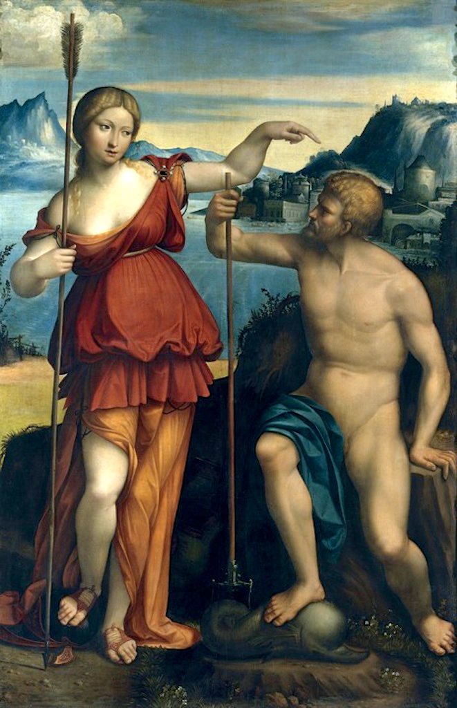 Atenea y Poseidón luchan por el control de Atenas, pintura de Benvenuto Tisi da Garofalo.