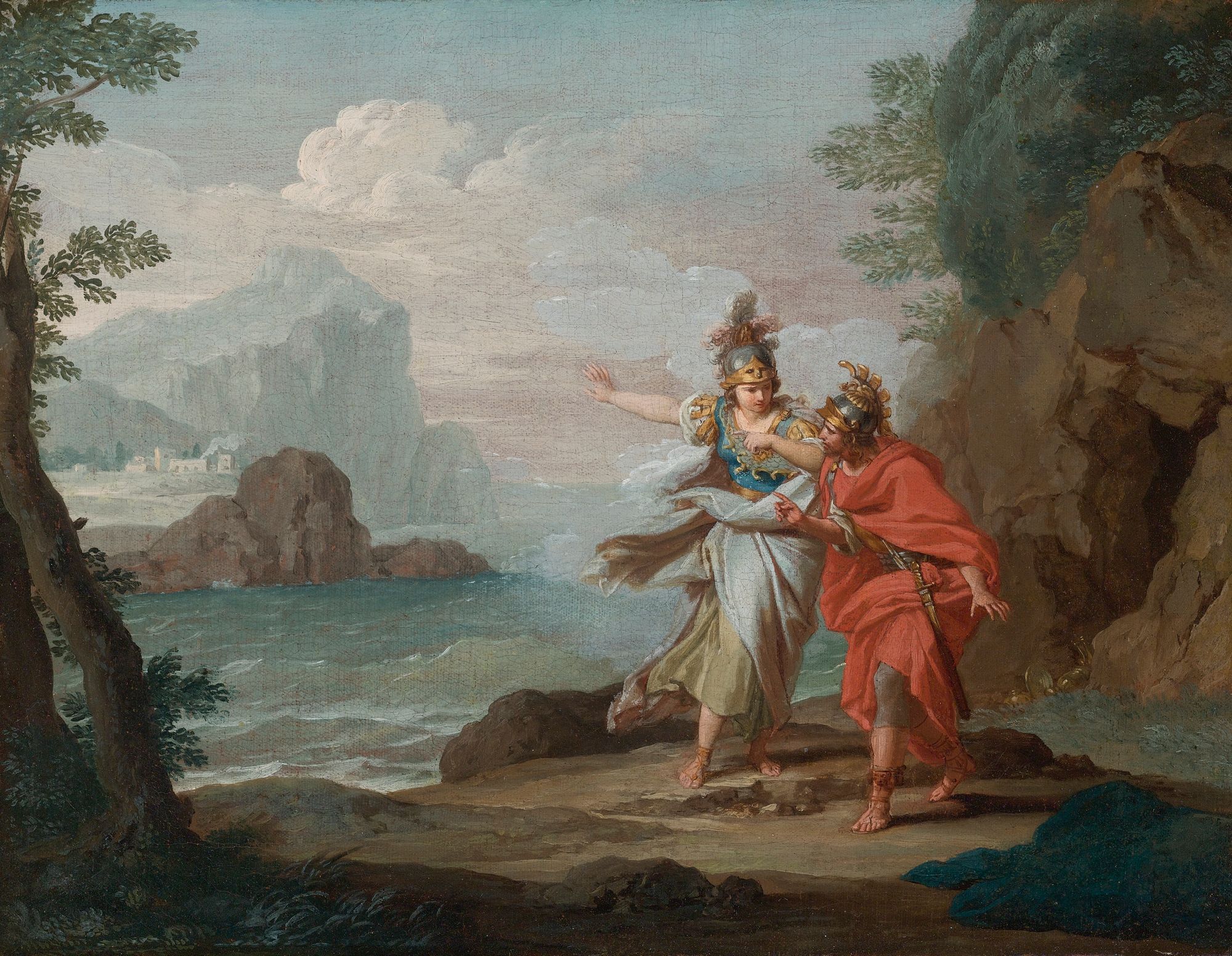 Atenea revelándose ante Odiseo y mostrándole la isla de Itaca. Pintura de Giuseppe Bottani.