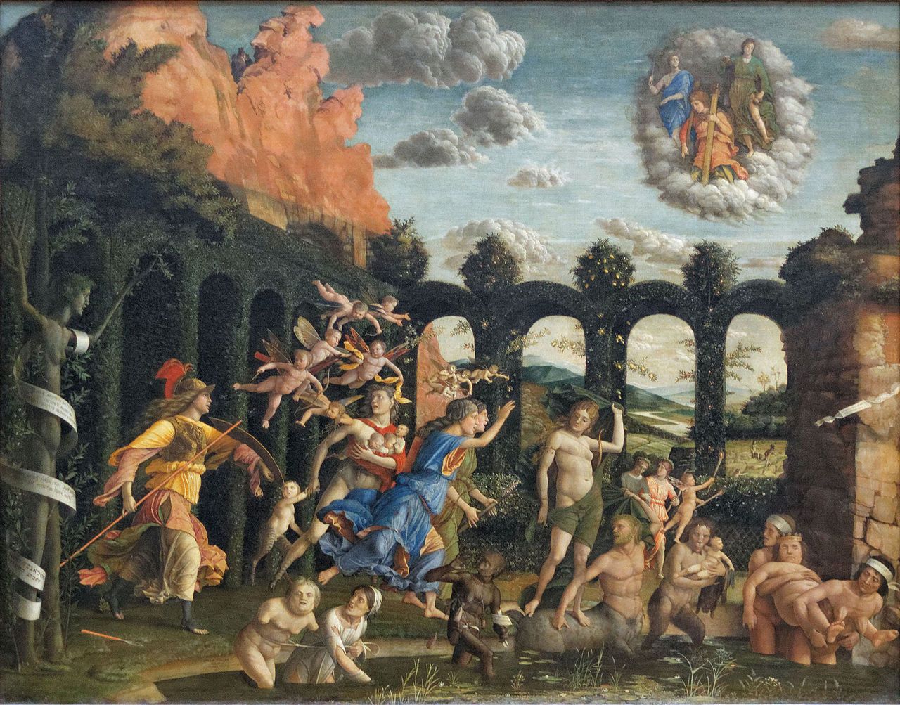 El triunfo de la virtud. Pintura de Andrea Mantegna, en la que se retrata a Atenea hachando fuera del jardín de la mente a los vicios, en la parte superior observan la Justicia, la Fortaleza y la Templanza, y junto a la diosa se puede ver a Dafne convertida en Laurel, ambas representación de la castidad y la pureza.