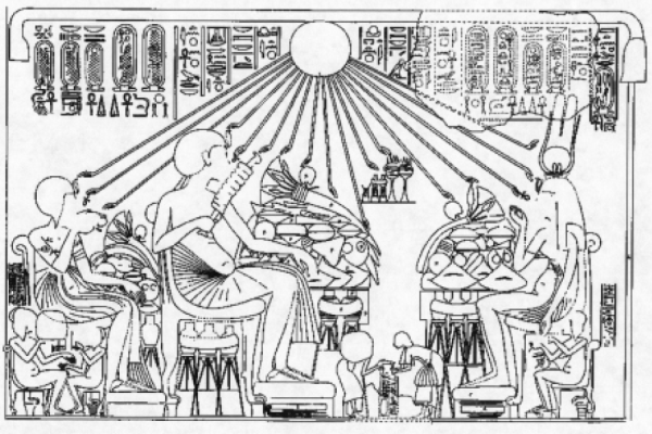 Escena de un banquete en una tumba de la ciudad de Amarna, en lo alto se puede ver la representación de Aten, bendiciendo la comida.