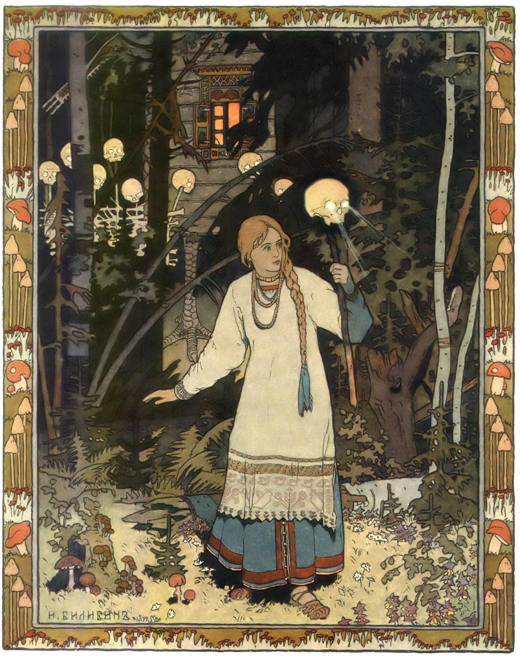 Vasilisa llevando consigo uno de los craneso resplandecientes de la cabaña de Baba Yaga que se puede observar en el fondo. Pintura de Ivan Bilibin.