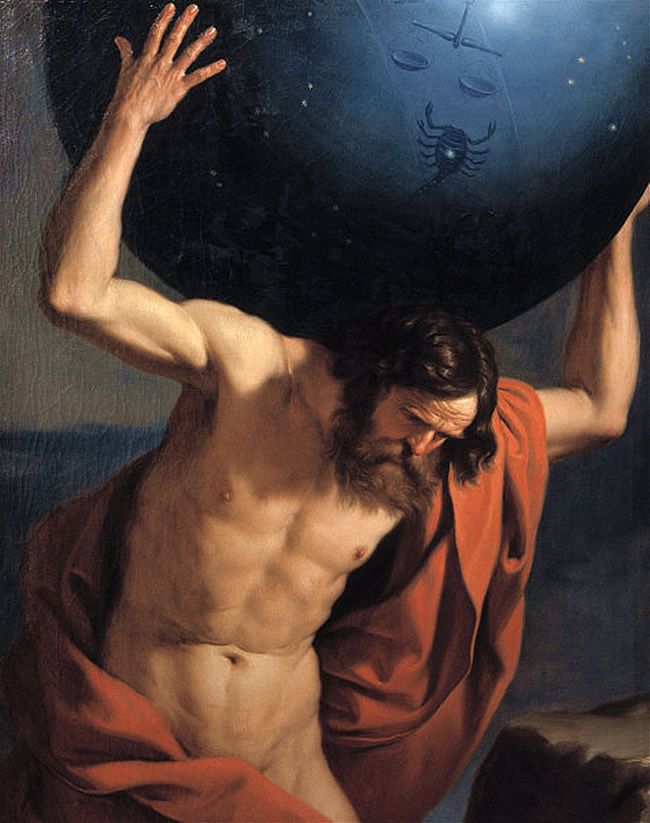 Atlas manteniendo el cielo sobre sus hombros. Pintura de Guercino.