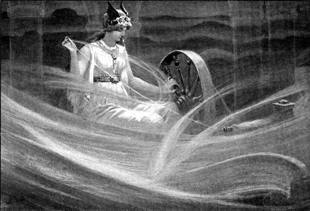 Frigg hilando las nubes en una intura de JC Dollman.