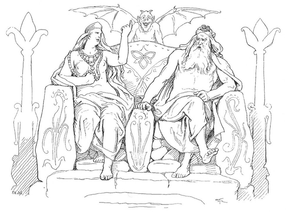 Frigga y Odín conversando acerca de la vida de sus dos protegidos. Pintura de Lorenz Frolich.