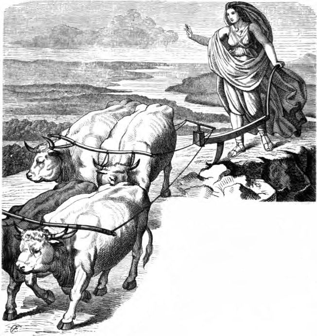 Gefjun arando la tierra con sus bueyes, pintura de Carl Ehrenberg. 1882.