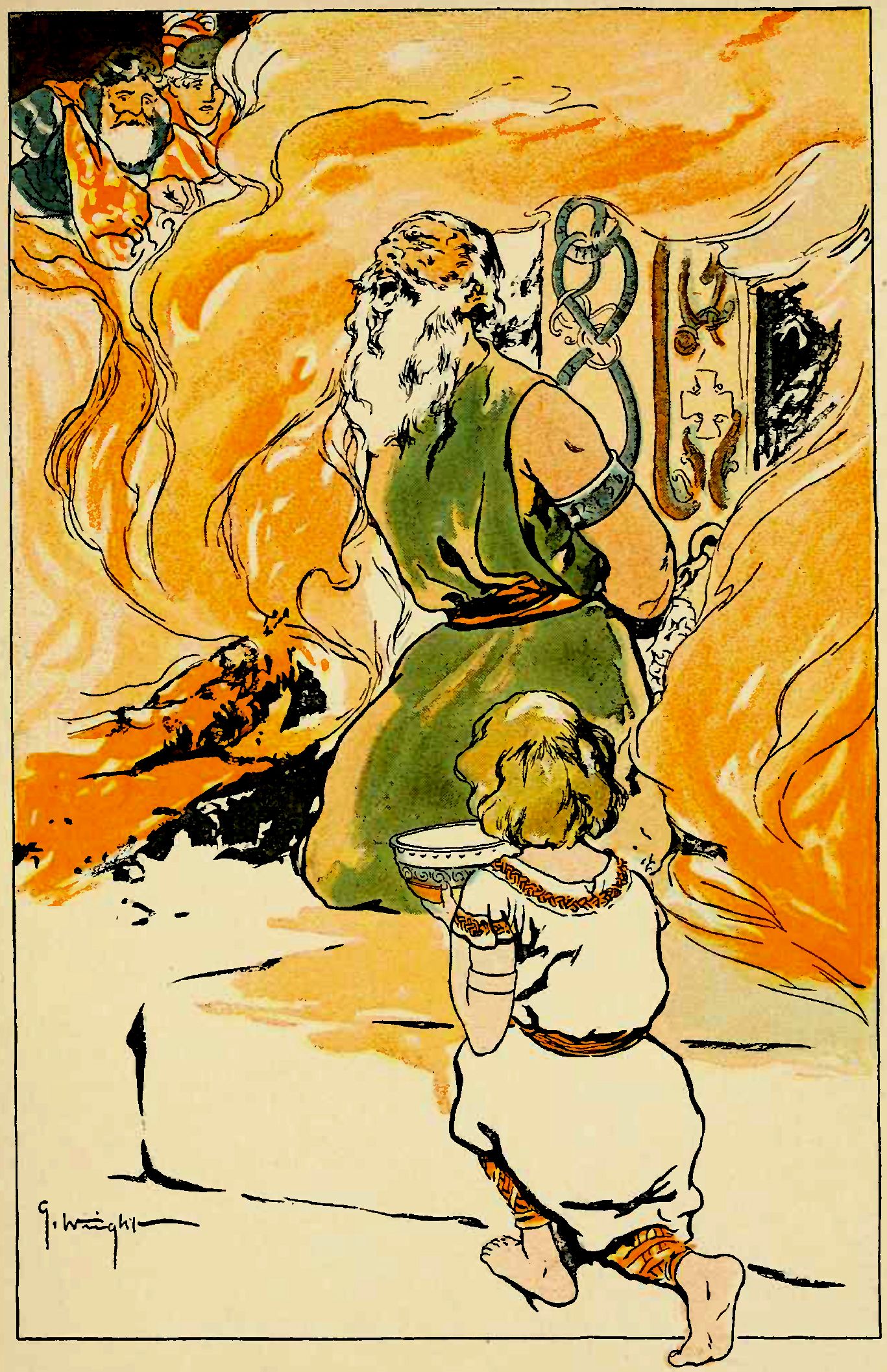 Grimnir, el nombre que tomó Odín para acudir ante Geinord, siendo torturado envuelto en llamas, mientras un jóven Agnar le entrega un poco de agua. Pintura de George Wright.