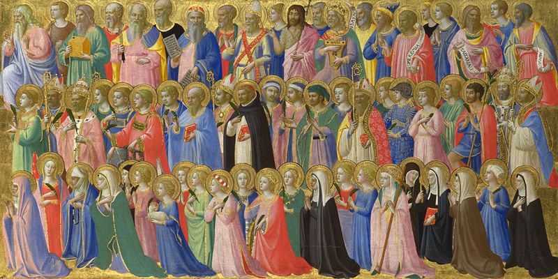 Pintura de Fray Angelico en la que se representa a los santos conocidos hasta la fecha, asi como a los precursores del cristianismo, figuras del Antiguo Testamento que rodean a Jesús.